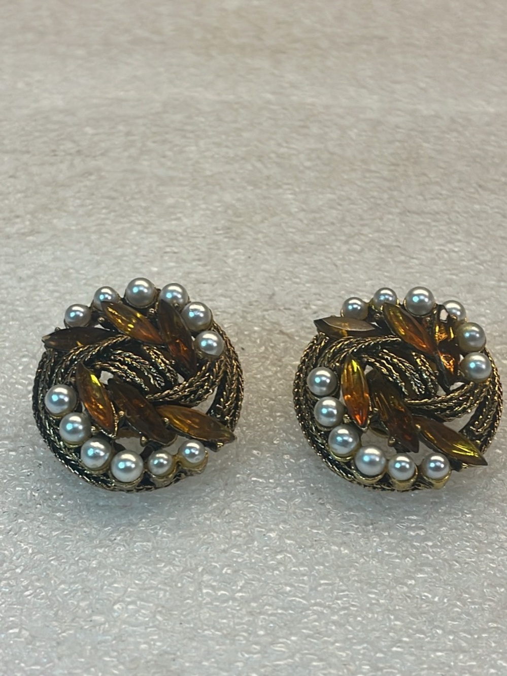 Gold-Tone Pearl & Amber Crystal Wreath Clip Earrings - Vintage-Inspired
